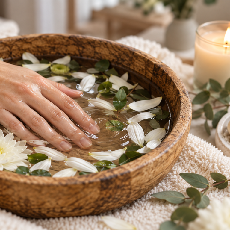 Tsukobi Facial Massage Woman relaxed and serene on a massage bed, receiving a Japanese acupressure point facial massage.