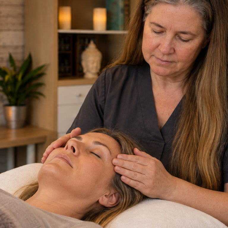 Jikiden Reiki Relaxed woman on massage table receiving a Jikiden Reiki session.
