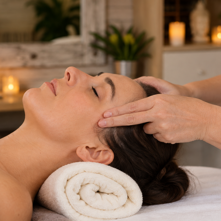 Tsukobi Facial Massage Woman relaxed and serene on a massage bed, receiving a Japanese acupressure point facial massage.